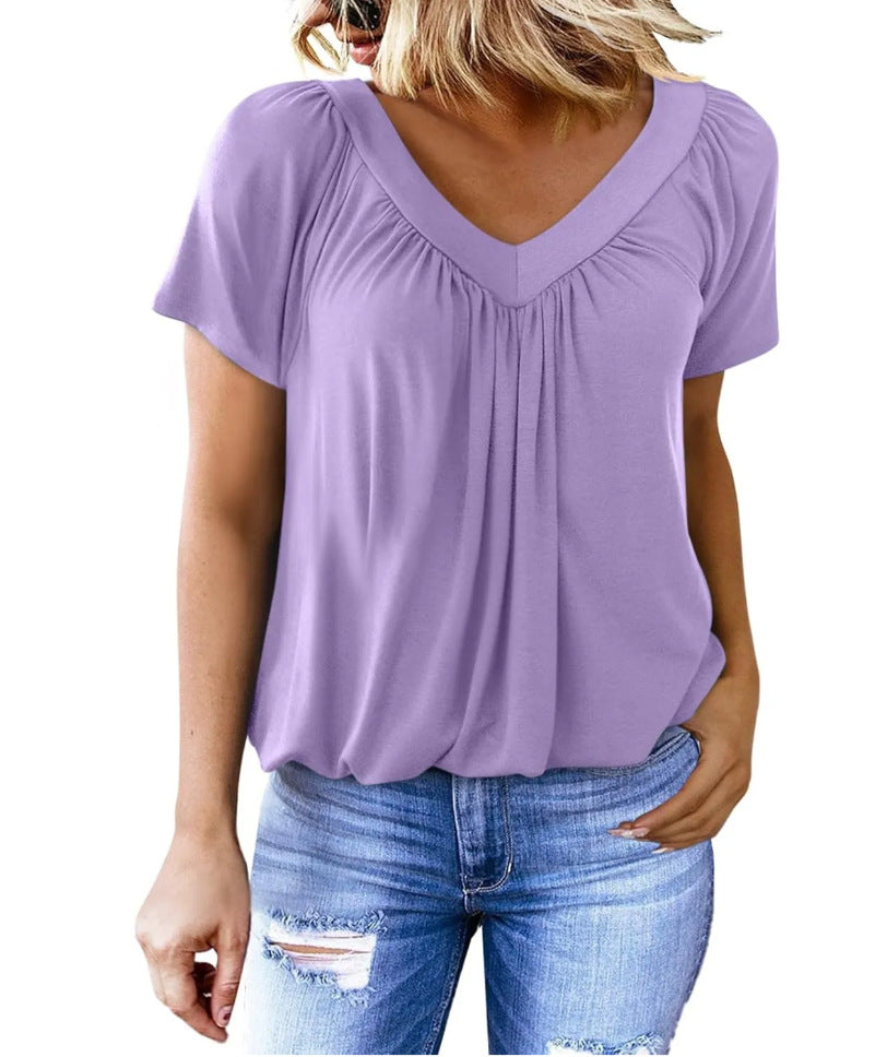 Women's Casual Pleated Solid Color Short-sleeved T-shirt Blouses