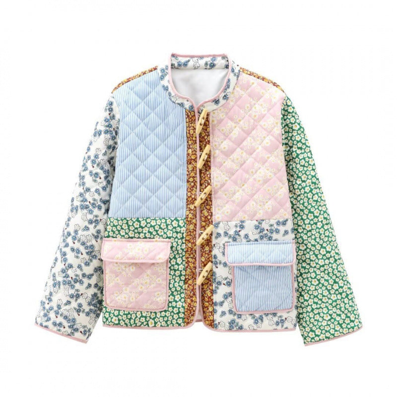 Women's Thickening Print Block Horn Button Printed Coats
