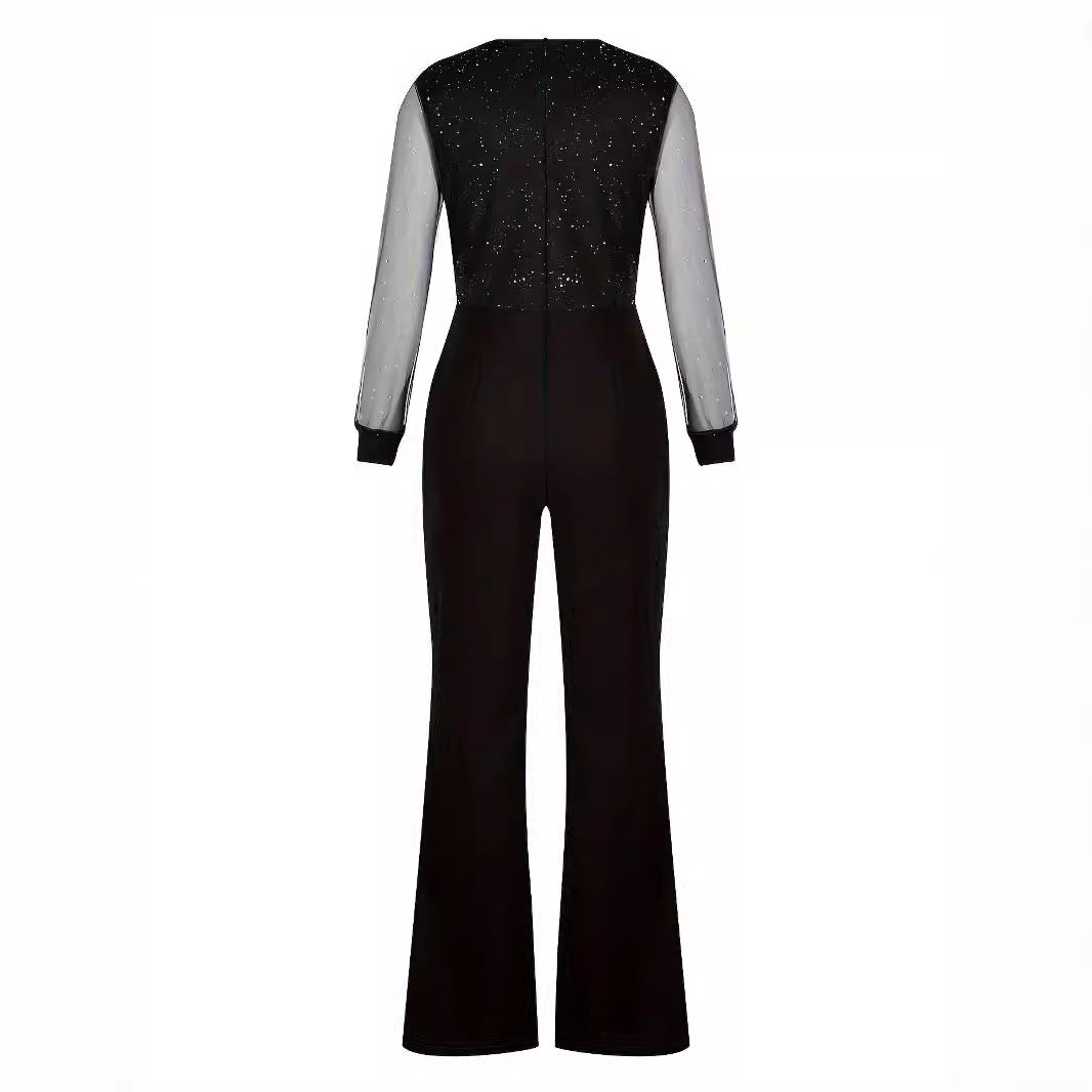Women's Fashion Slim Solid Color Mesh Stitching Jumpsuits