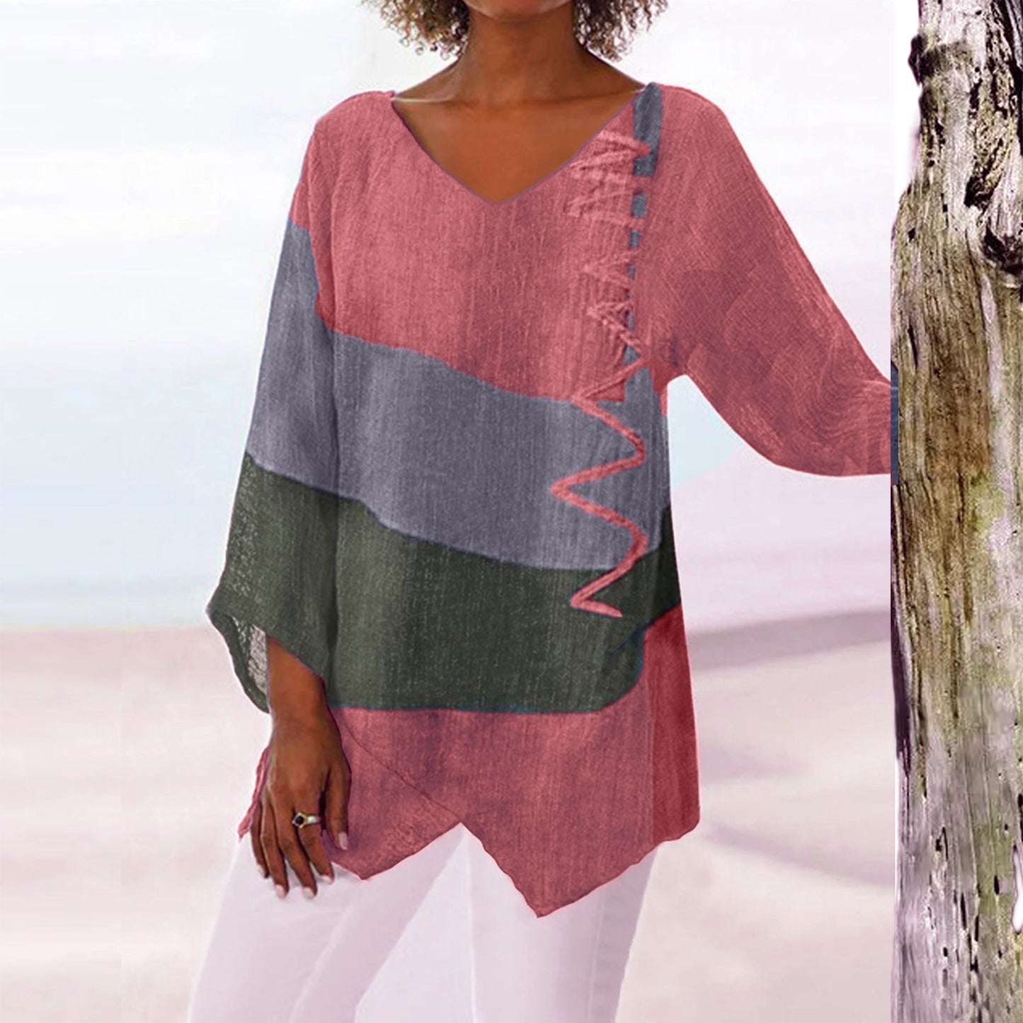 Women's Autumn Casual Loose Irregular Hem Art Print Long Blouses