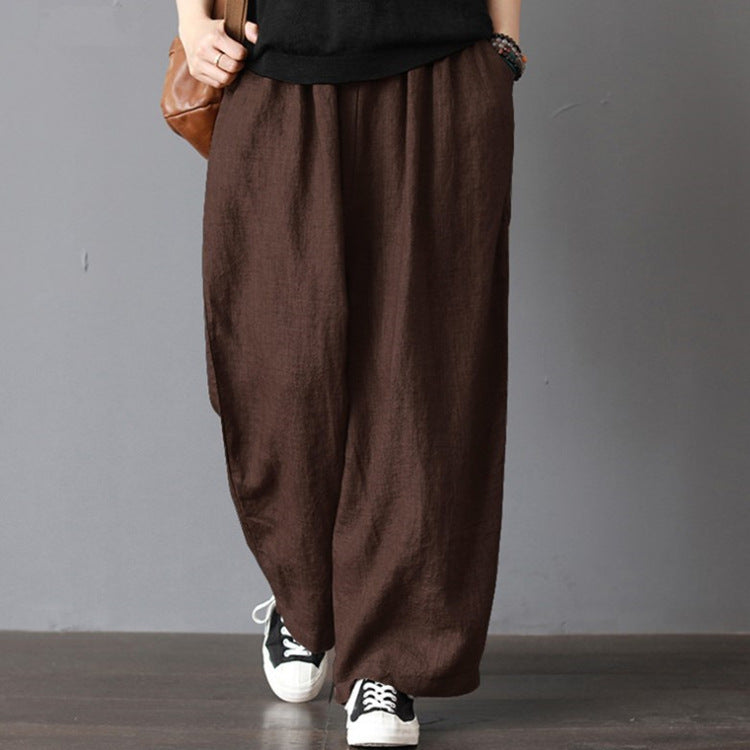 Women's Linen Casual Loose Mid Wide Leg Pants