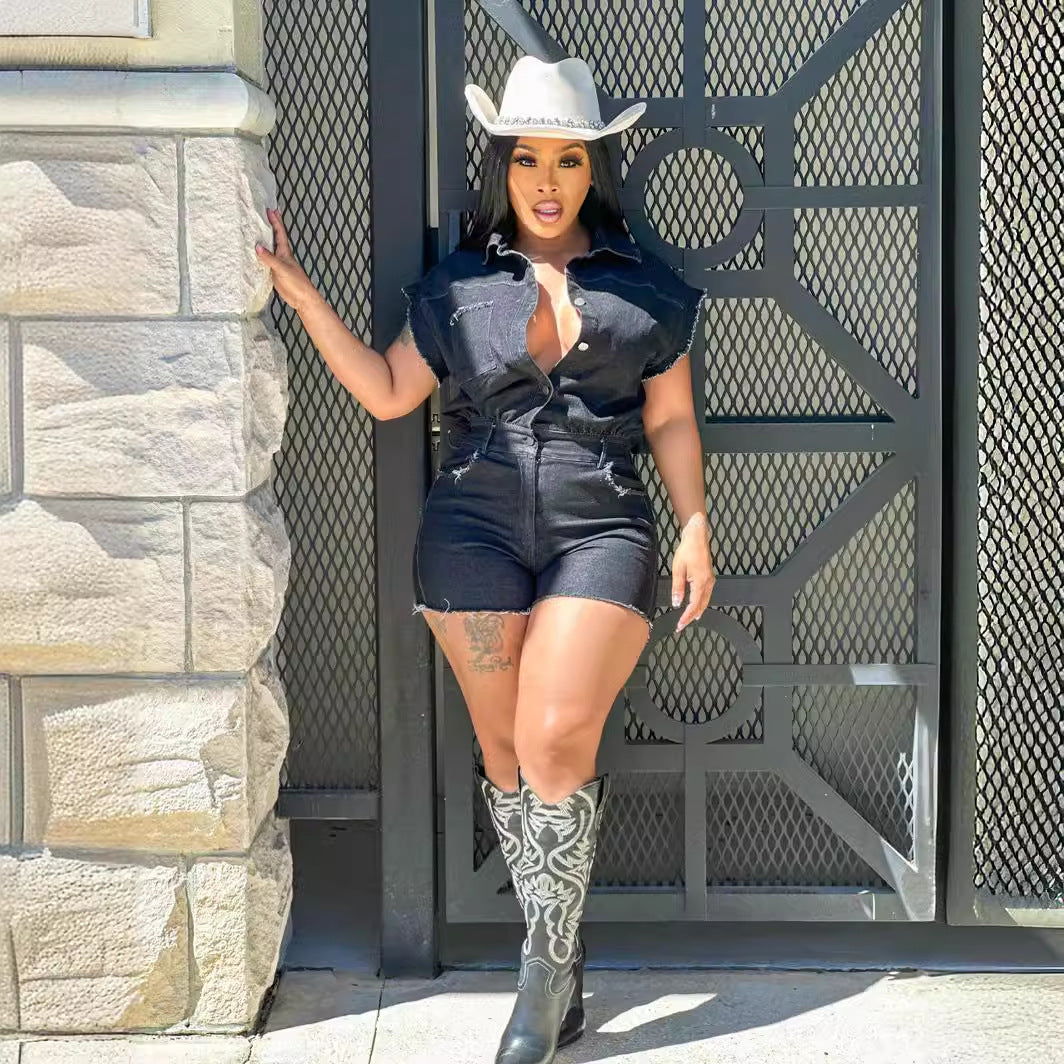 Women's Sexy Sleeve Stretch Denim One-piece Summer Jumpsuits