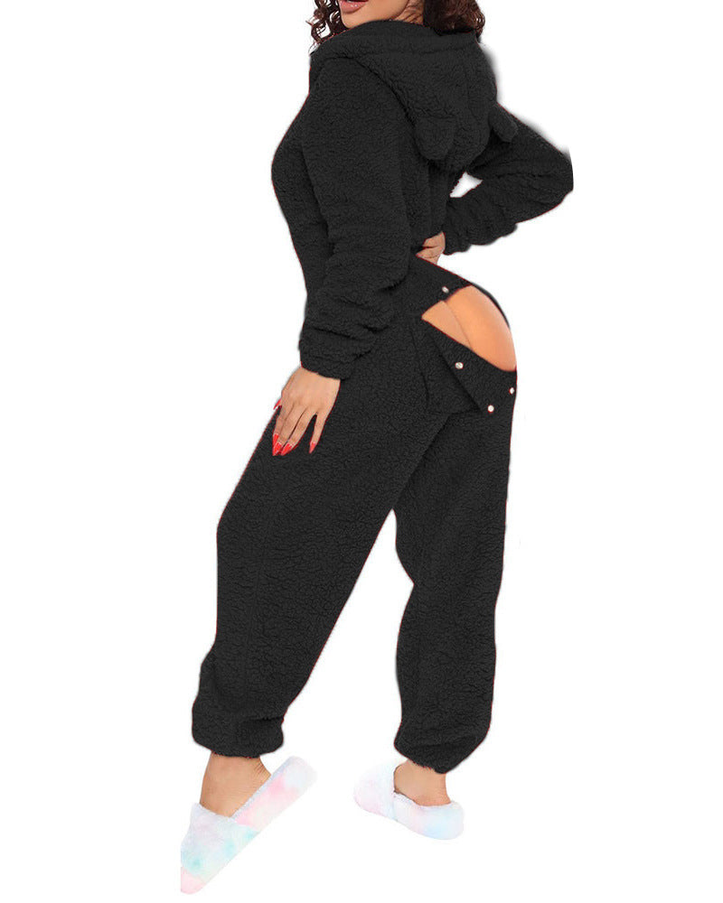 Women's One-piece Sexy Opening Long-sleeved Hooded Cute Jumpsuits