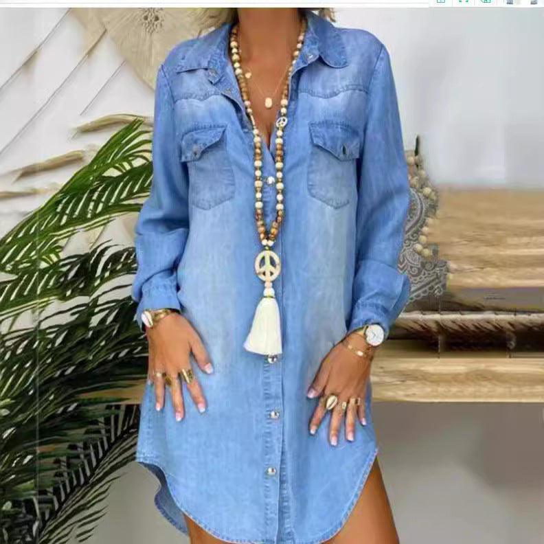 Breasted Pocket Solid Color Denim Shirt Dresses