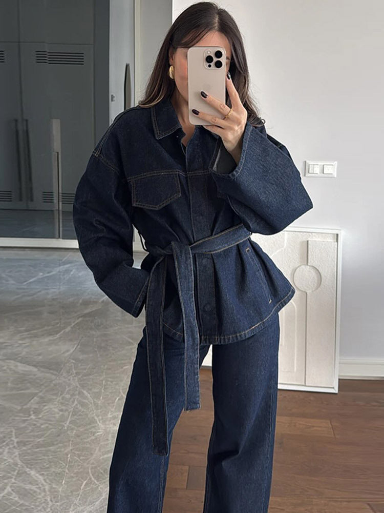 Elegant Lapel Belt Denim Long Sleeve Suits