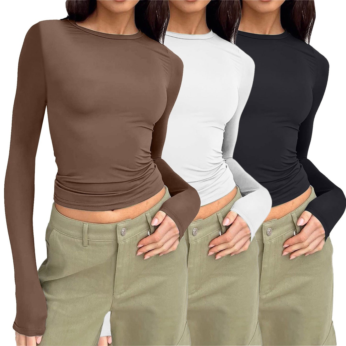 Women's Long-sleeved Solid Color Slim Pullover T-shirt Blouses