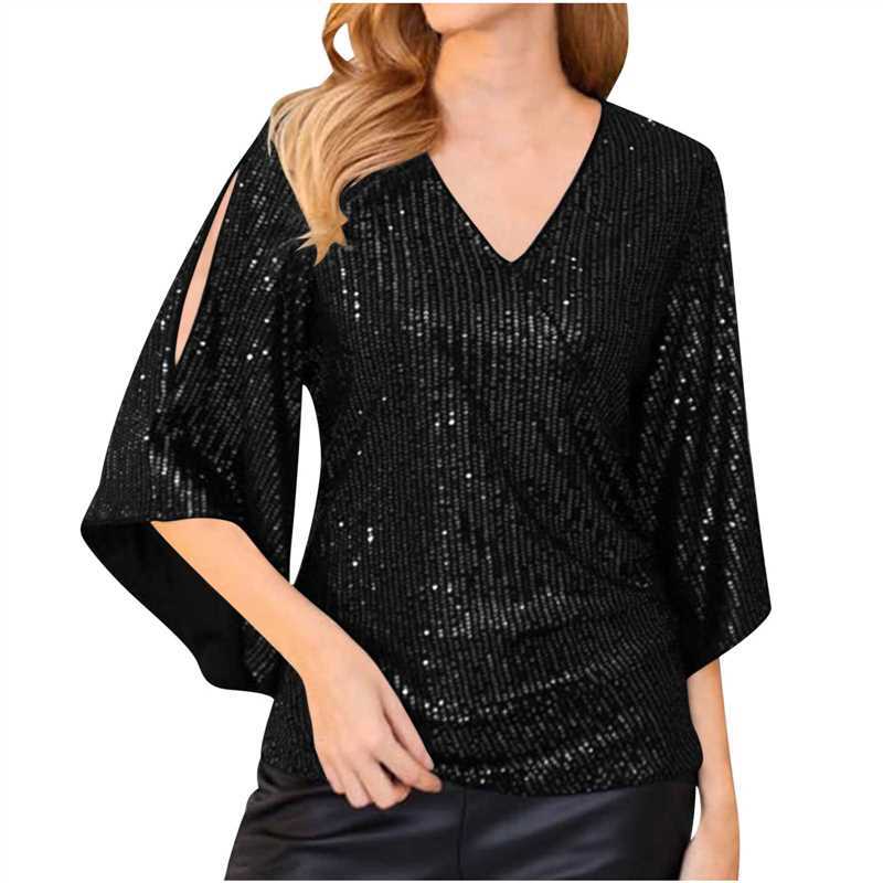 Women's Loose Mid-length Sequined T-shirt Short-sleeved Pullover Blouses