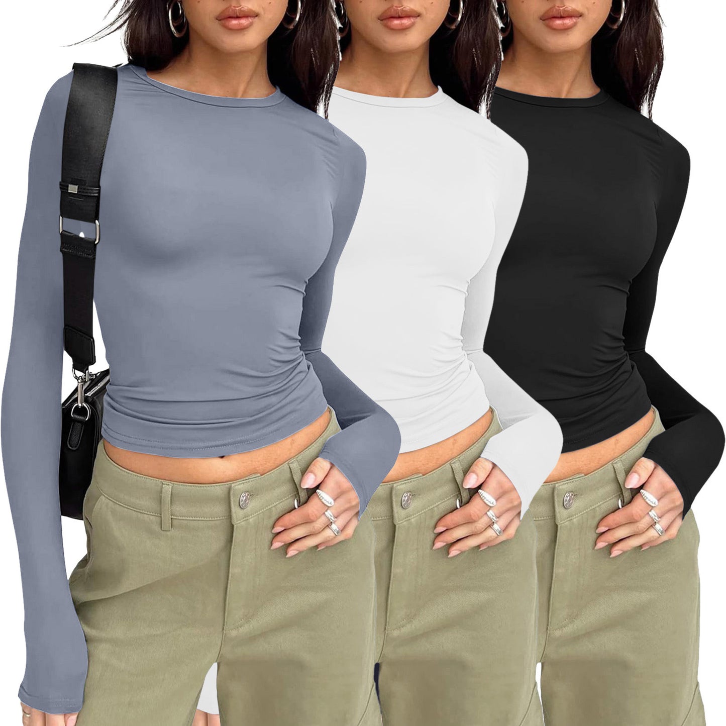 Women's Long-sleeved Solid Color Slim Pullover T-shirt Blouses