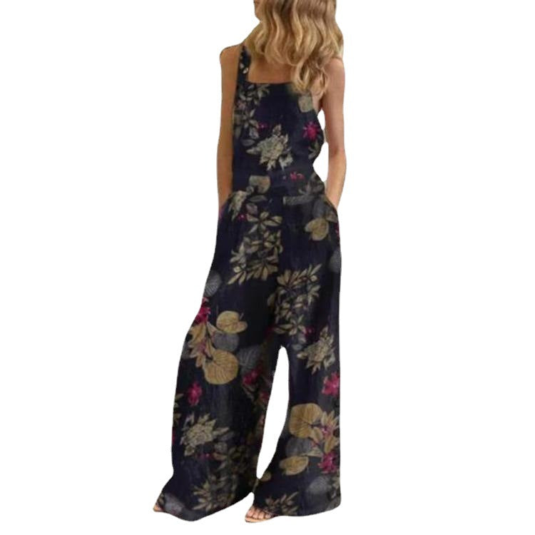 Women's Linen Printed Fastener Decoration Sleeveless Loose Jumpsuits