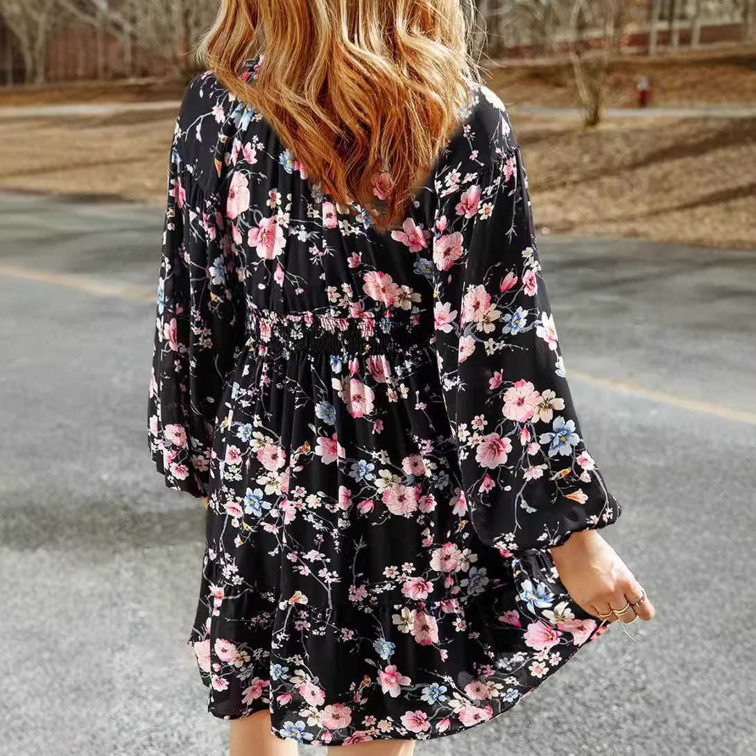 Sleeve Pleated Elastic Waist Casual Word Dresses
