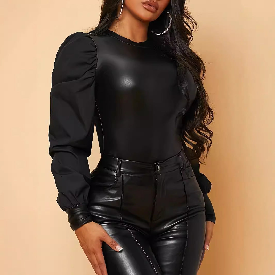 Women's Patent Leather Round Neck Long Sleeve Lantern Tops