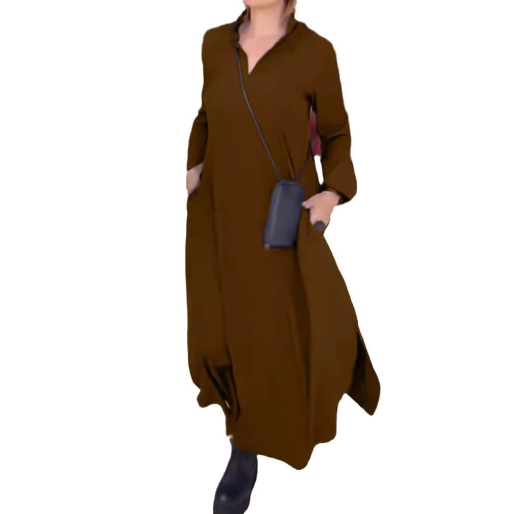 Women's Casual Solid Color Long Sleeve Pocket Dresses
