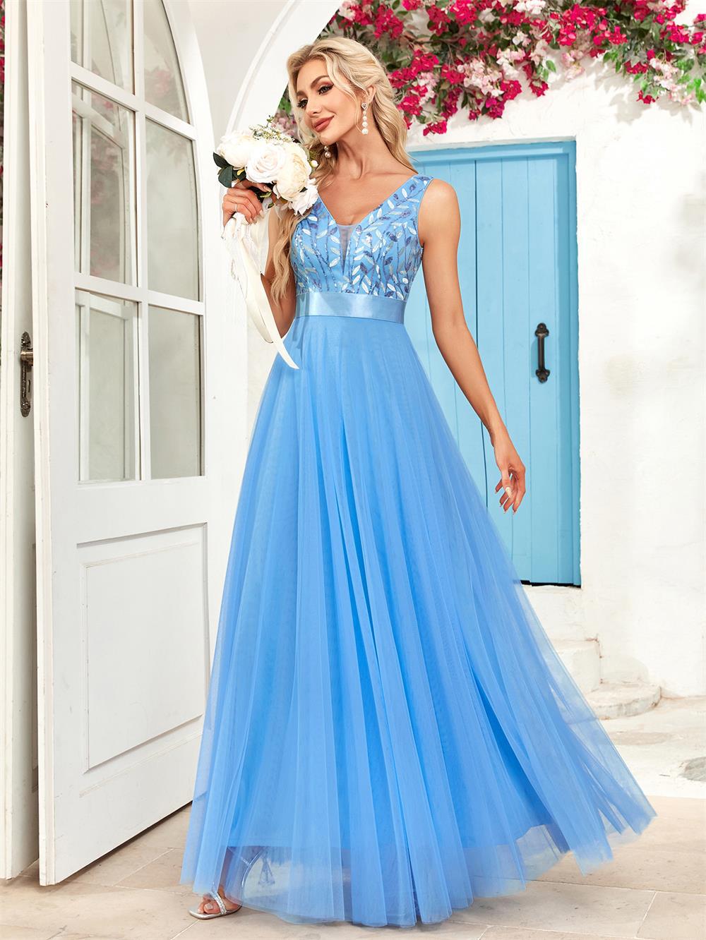 Sleeveless Double Dress Tulle Embroidery Long Evening Dresses