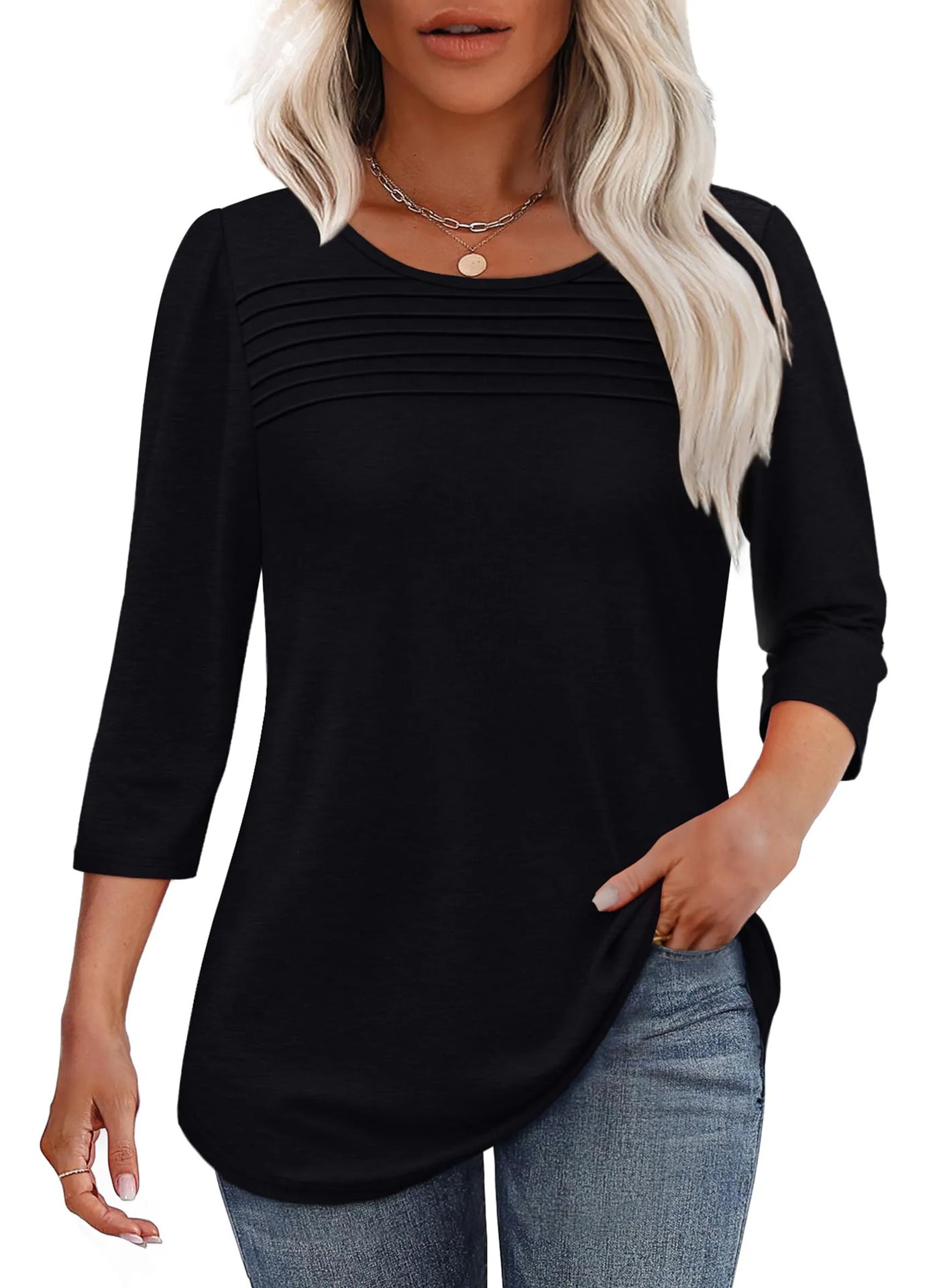 Women's Round Neck Sleeves Chest Tuck Line Blouses