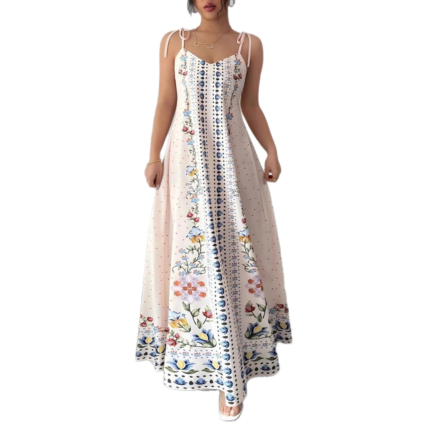 Women's Elegant Beautiful Flowers Print Featured Spaghetti Strap Dress