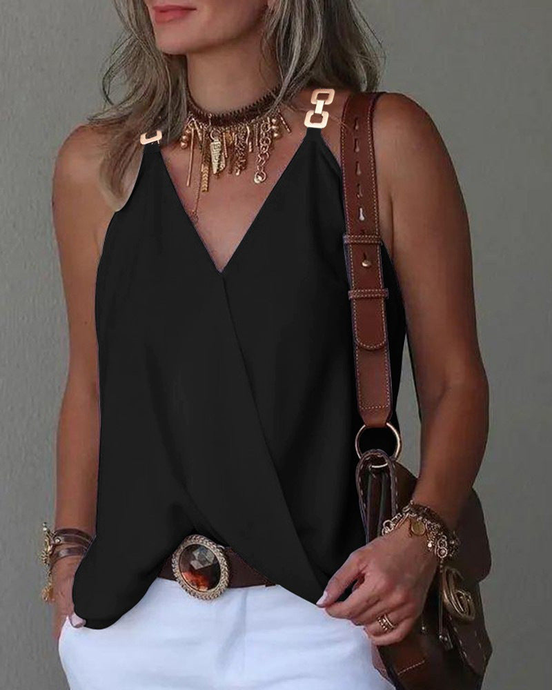 Women's Summer Simple Metal Buckle Printing Small Tops