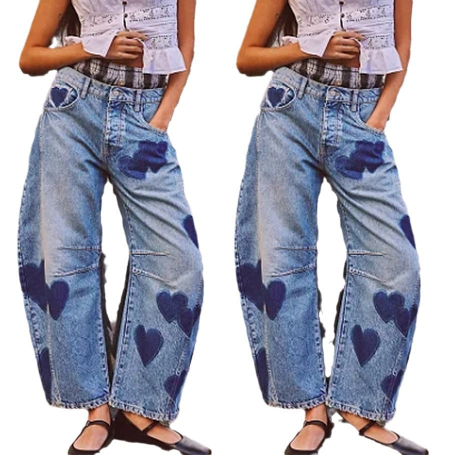 Women's Spring Leisure Loose Mid Waist Cylindrical Jeans