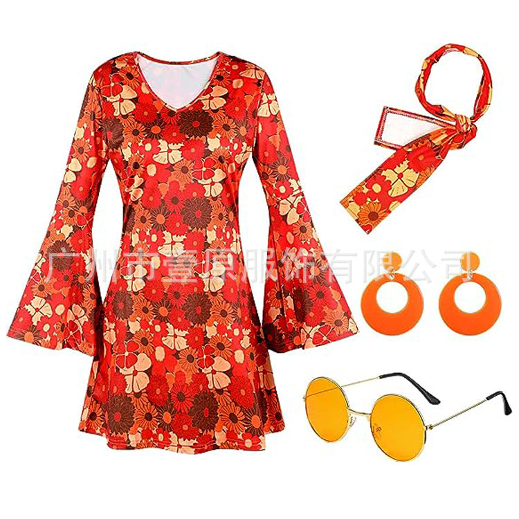 Halloween Generation Hippie Disco Festival Dress Headscarf Print Dresses