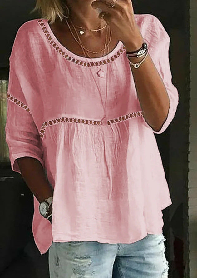 Women's Round Neck Hollowed Leisure Lace Patchwork Blouses