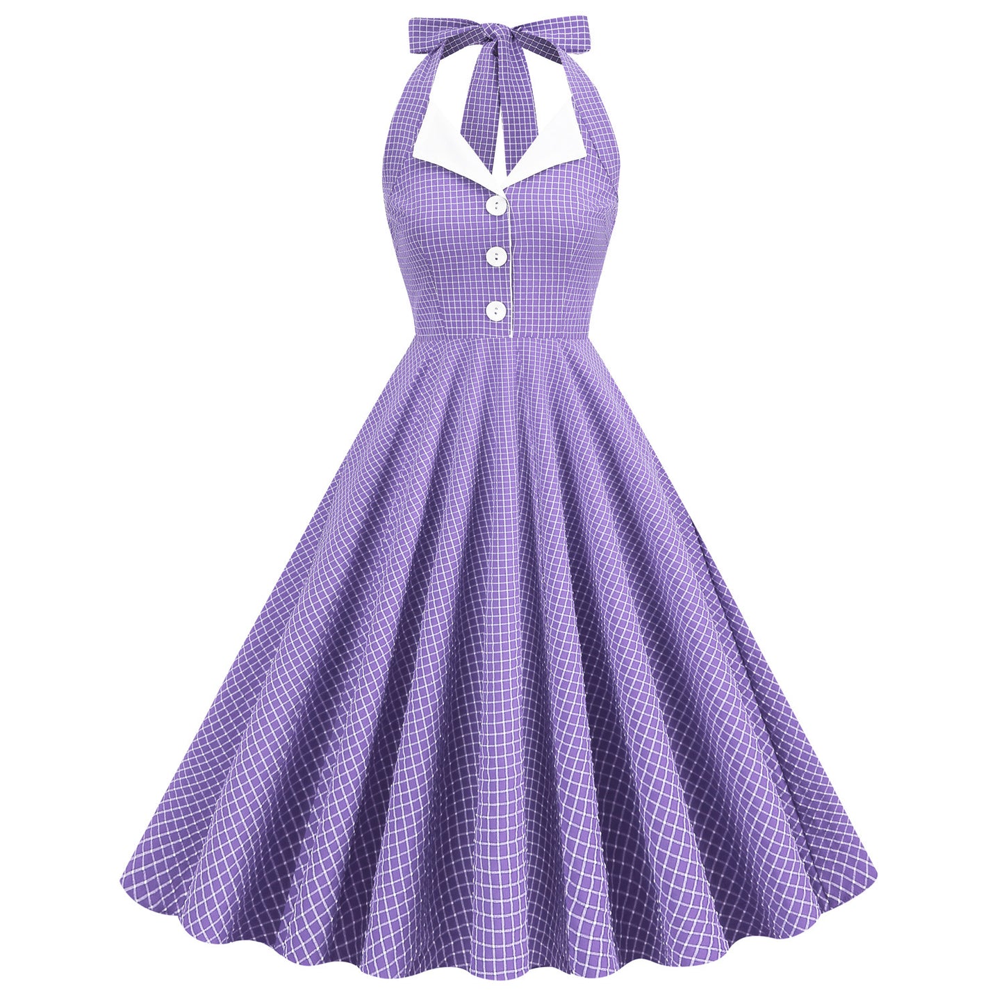Navy Style Plaid Contrast Color Lapel Halter Large Dresses