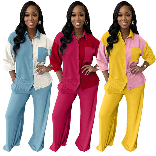 Women's Color Matching Pocket Casual Shirt Two-piece Suits