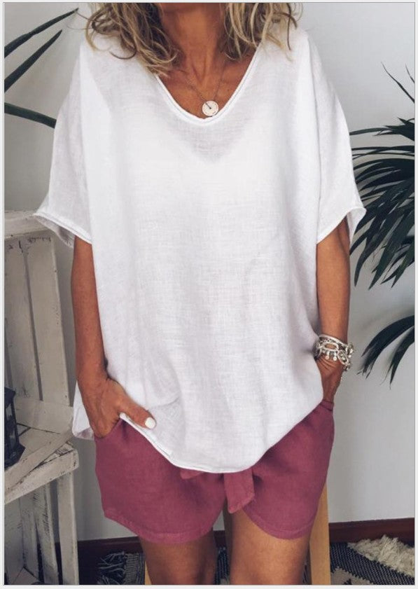 Solid Color Loose Sleeve Casual Cotton Blouses