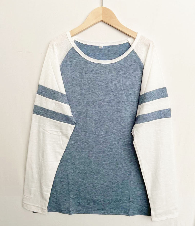 Striped Stitching Long Sleeve T-shirt Round Blouses