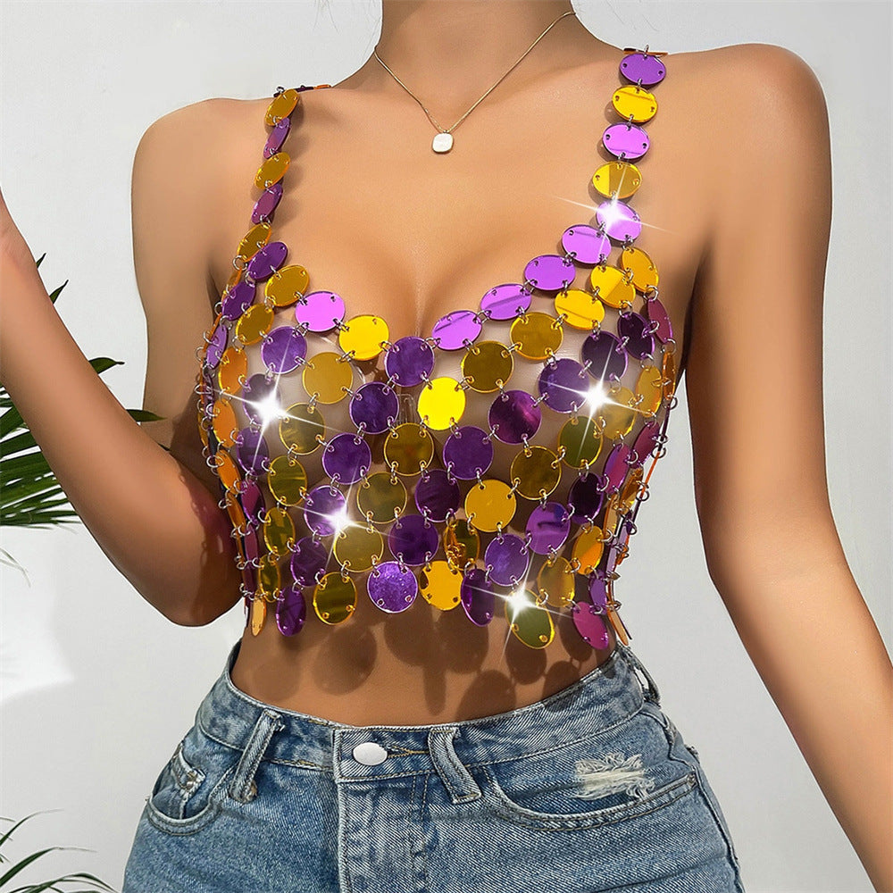 Beach Sexy Nightclub Handmade Acrylic Stitching Tops