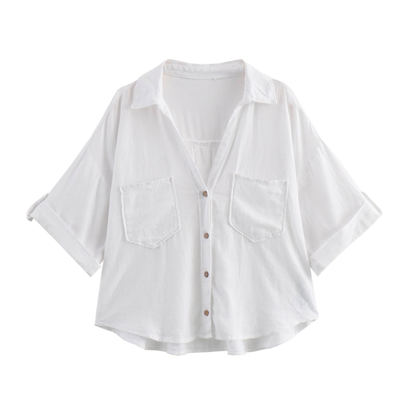 Women's Summer Blended Pocket Decoration Loose Shirt Blouses