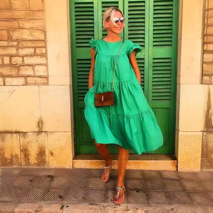 Women's Loose Pleated Short-sleeved Dress Solid Color Dresses