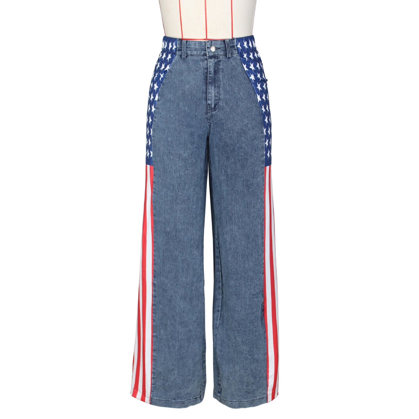Women's Fashion Flag Print Stretchy Denim Trousers Casual High Jeans