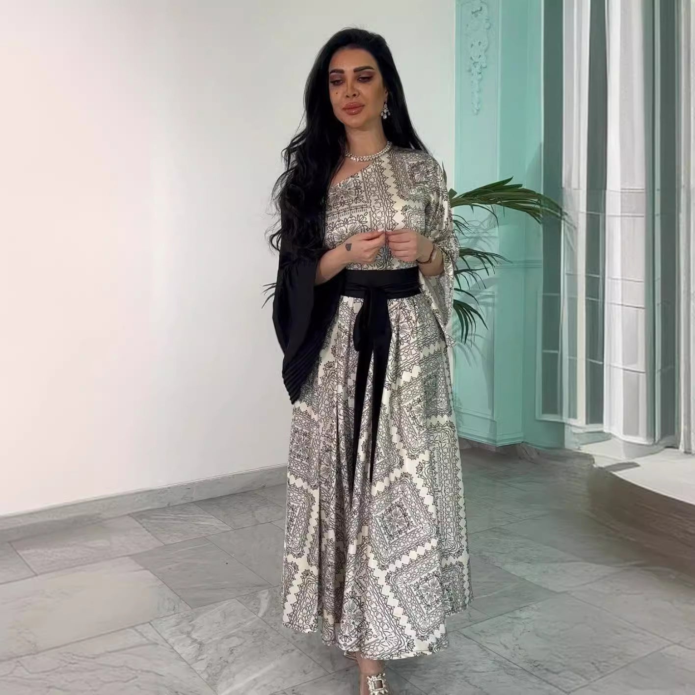 Women's Sexy Print Pleated Belt Stitching Prom Evening Dresses