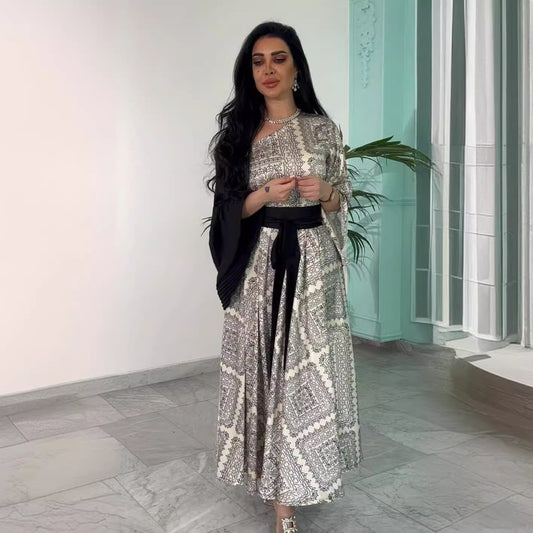 Women's Sexy Print Pleated Belt Stitching Prom Evening Dresses