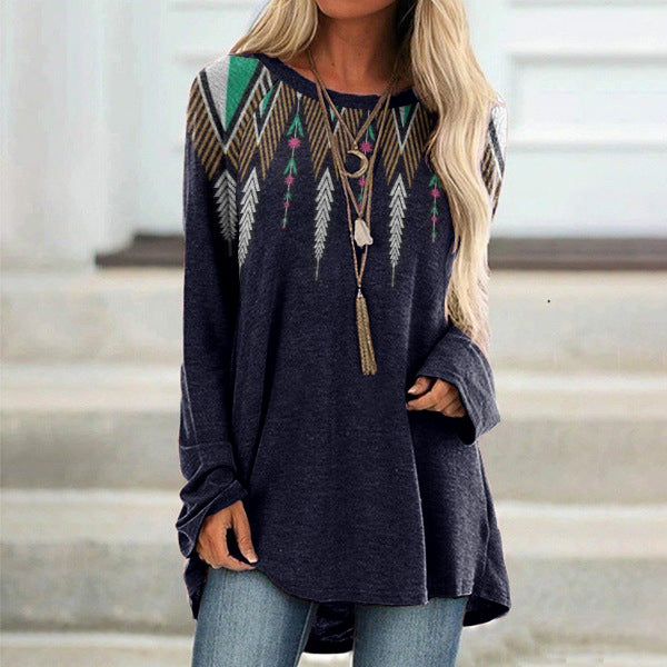 Women's Digital Printing Round Neck Long Sleeve Blouses