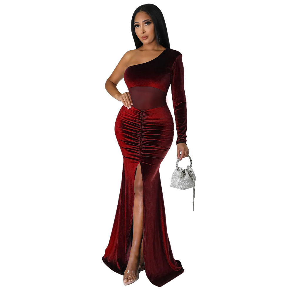 Women's Diagonal Collar Fold Split Solid Color Dresses