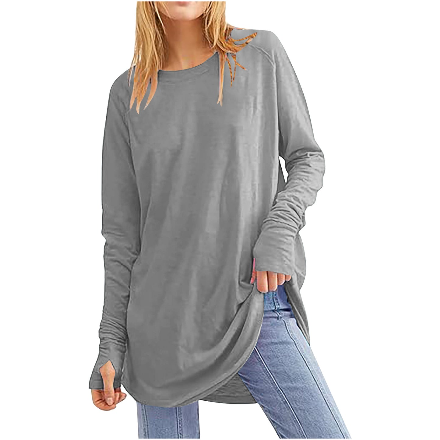 Women's Solid Color Loose Round Neck Long Sleeve With Blouses
