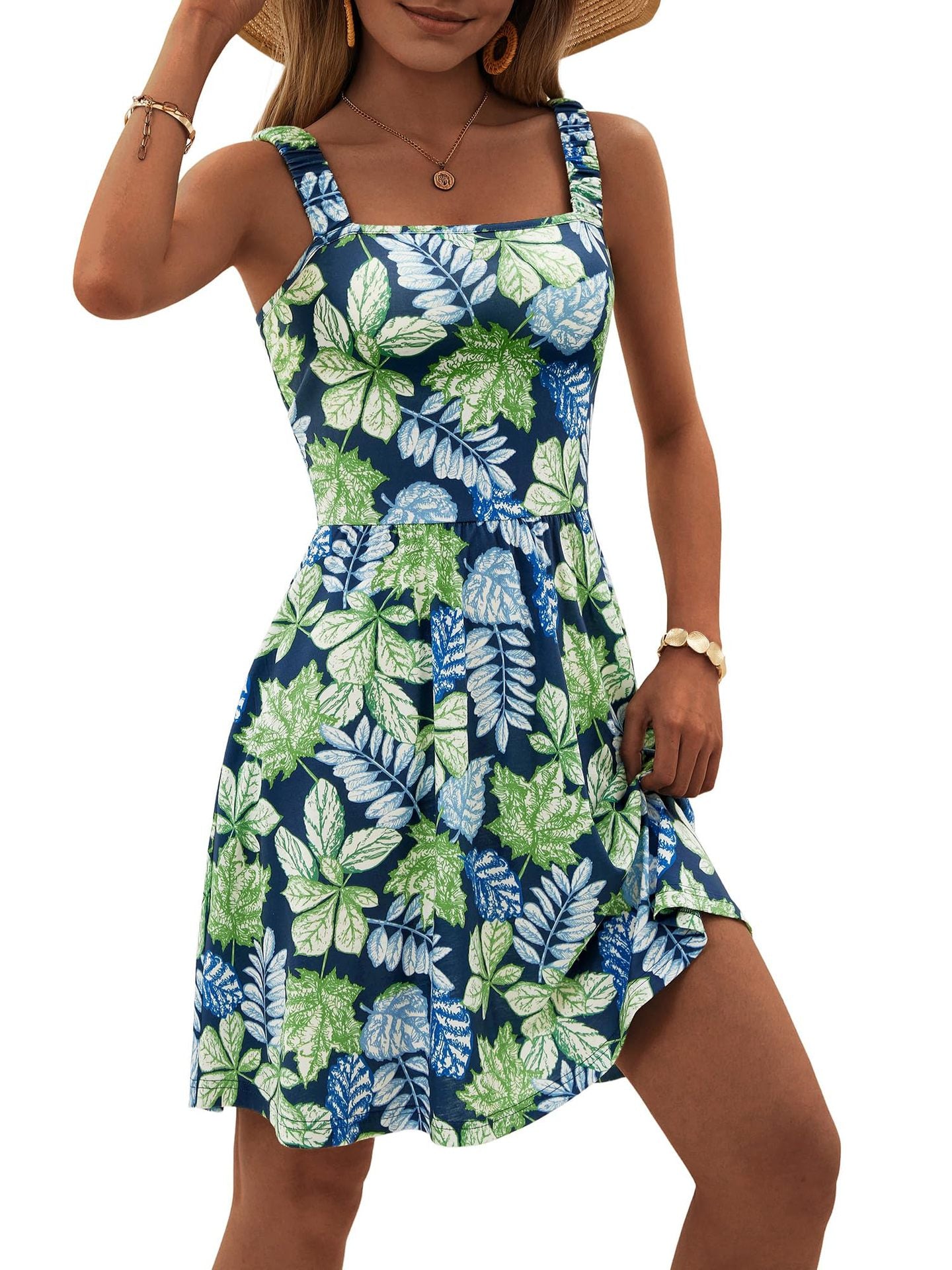 Women's Square Collar Pleated Sleeveless Floral Print Dresses