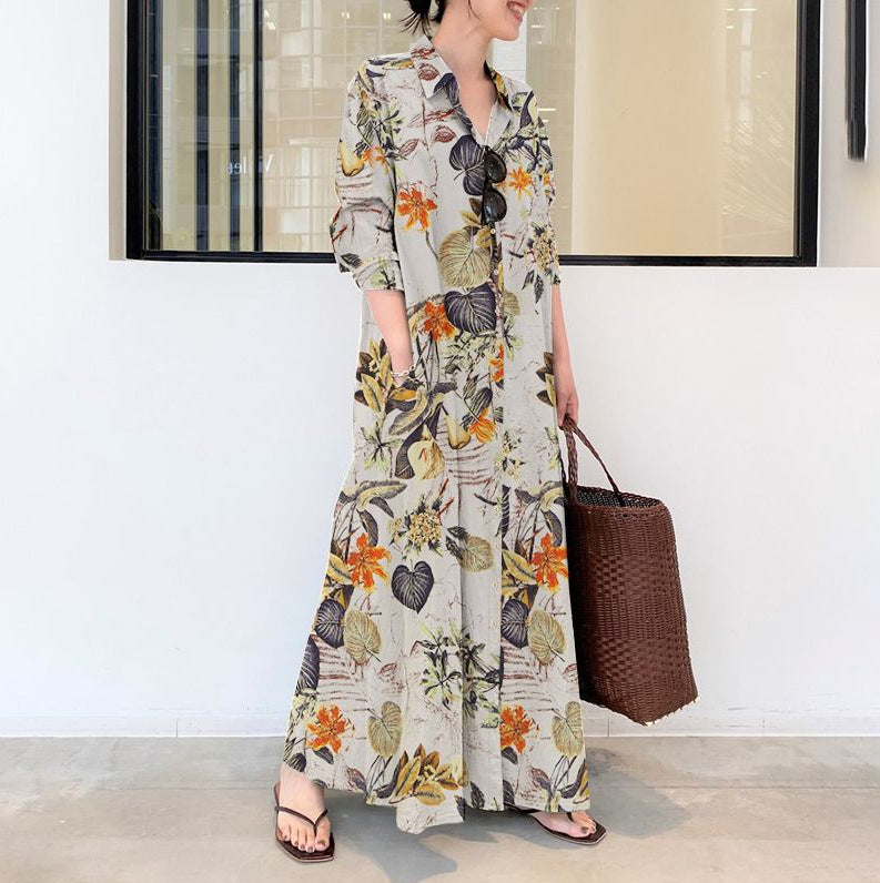 Style Cotton Linen Printing Lapel Long Sleeve Pocket Simple Dress