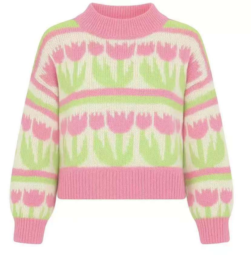 Graceful Women's Loose Love Jacquard Pullover Sweater