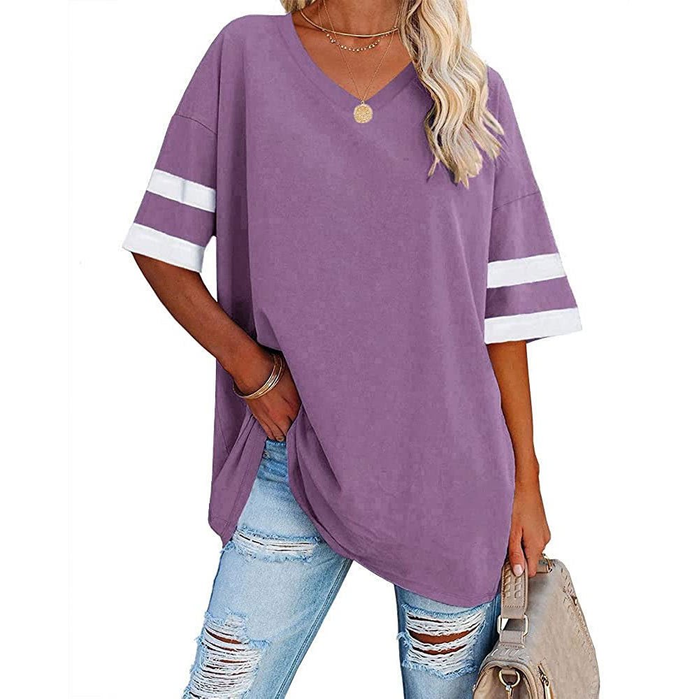 Women's Loose Half Sleeve Contrast Color T-shirt Tops