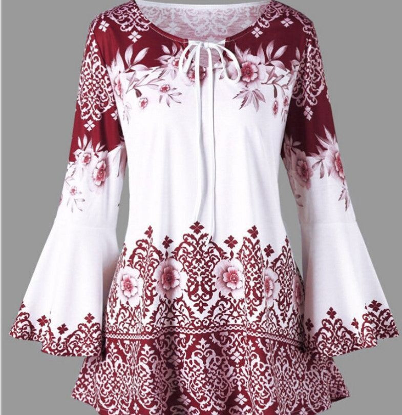 Women's Popular Print Long Horn Sleeve T-shirt Blouses