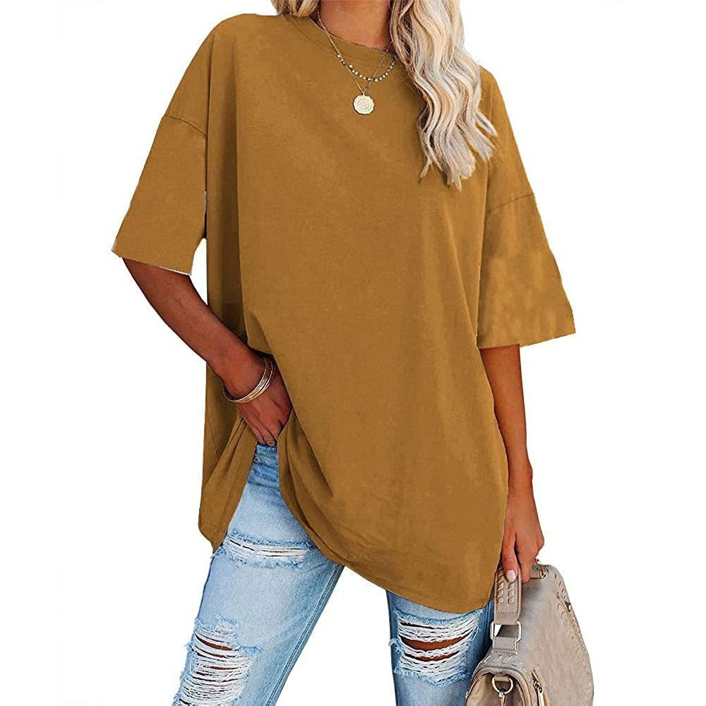 Women's Color Loose Half Sleeve Round Neck Blouses