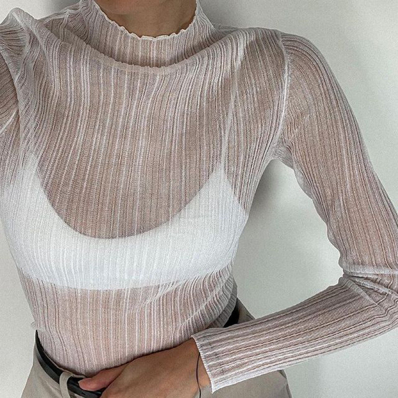 Women's Early Autumn Wear Long Sleeve Mesh T-shirt Solid Blouses