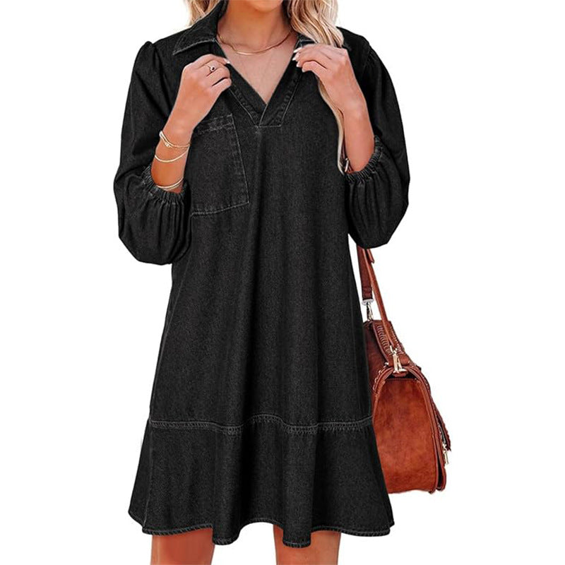 Women's Style Clothes Cropped Puff Sleeve Denim Dresses