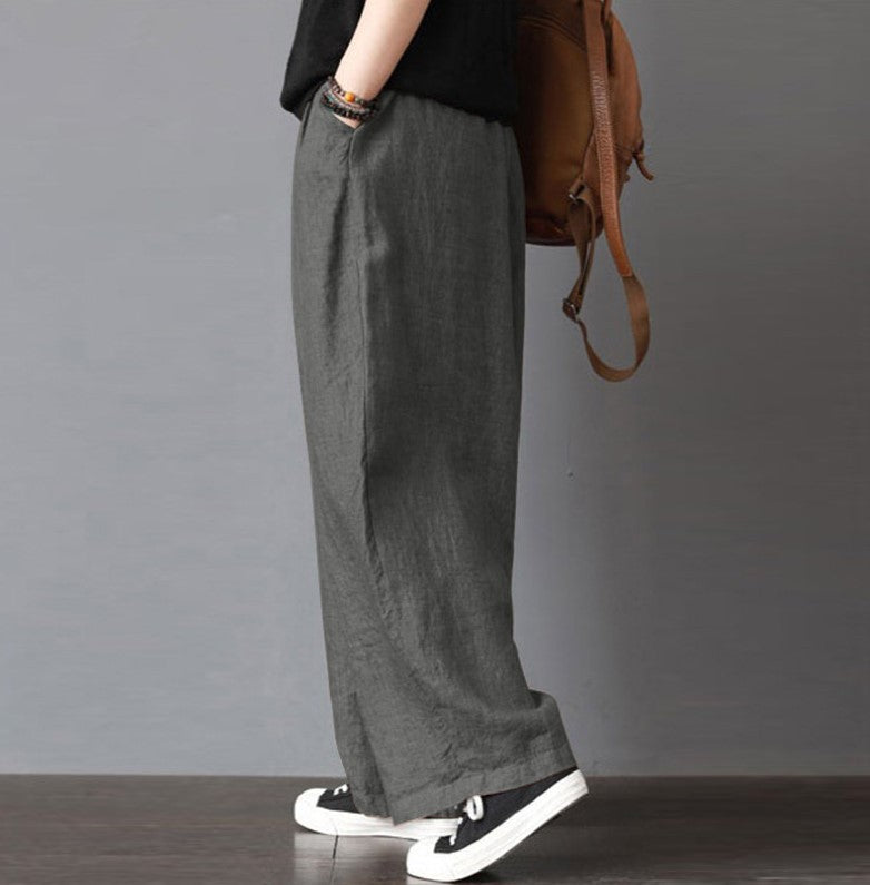 Women's Linen Casual Loose Mid Wide Leg Pants