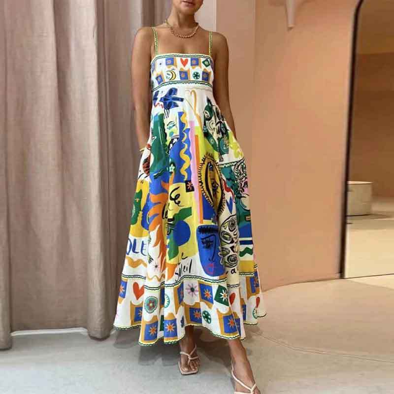 Women's High Waist Print Painted Large Swing Dresses