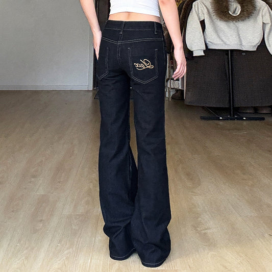 Women's Blue Letters Embroidered Slim Fit Hot Low Jeans