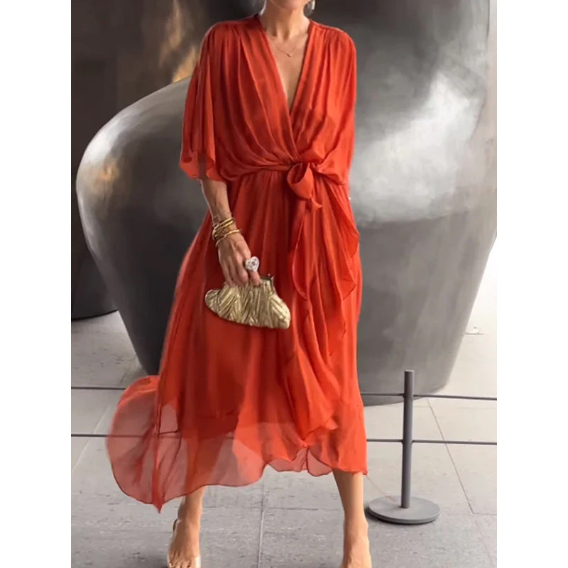 Women's Pure Color Tied Long Batwing Sleeve Dress