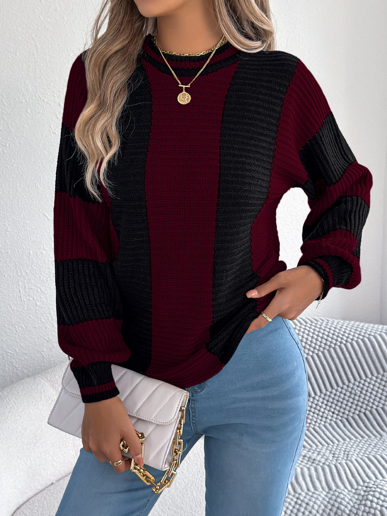 Women's Casual Contrast Color Striped Lantern Long Sleeve Sweater
