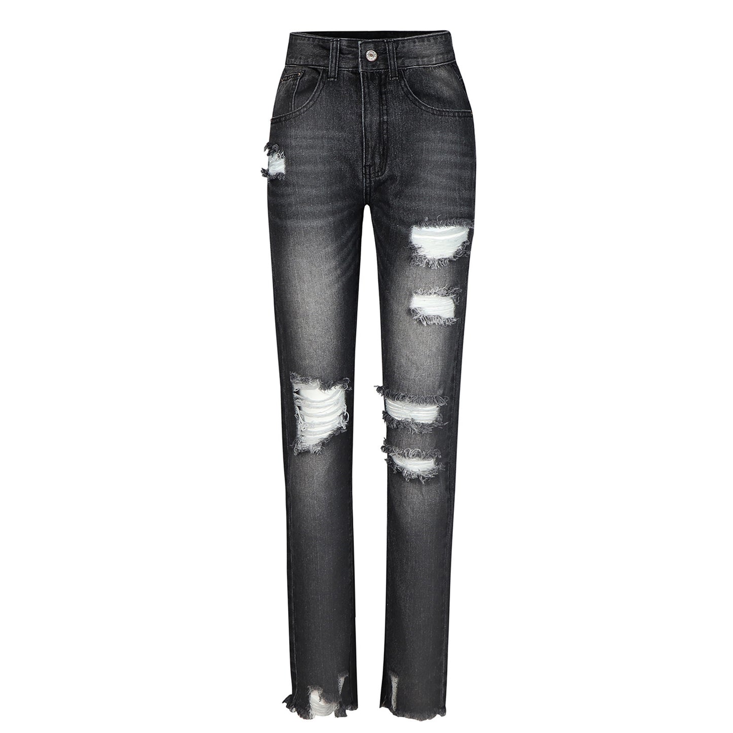 Women's Tight-fitting Solid Color Denim With Hole Jeans